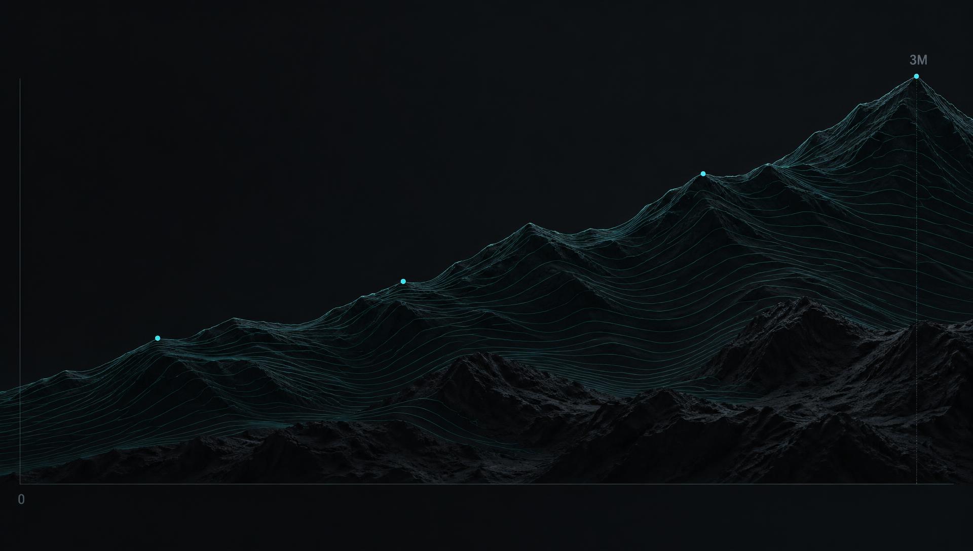 Dark terrain rising like a revenue curve from 0 to 3M